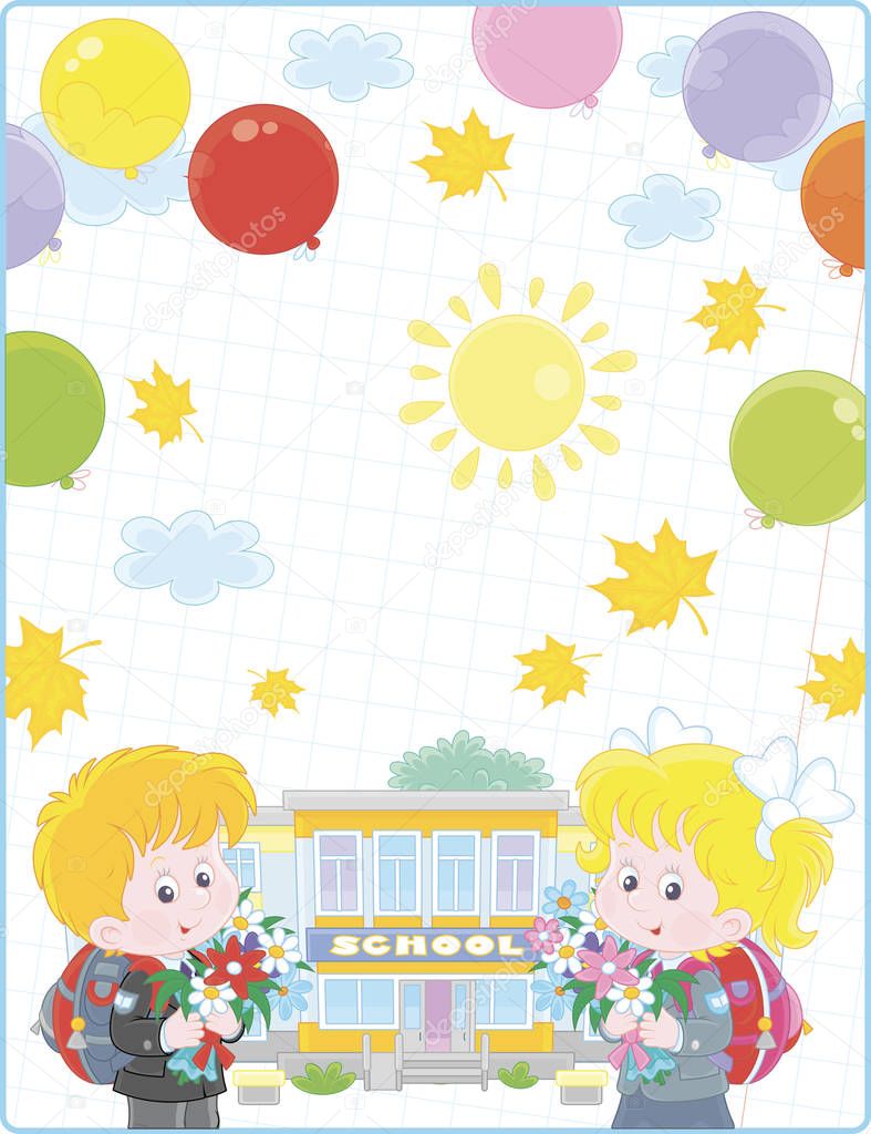 School background. The first of September. Happy schoolchildren with schoolbags, flowers and colorful balloons standing in front of their school on a sunny day. Vector cartoon illustration