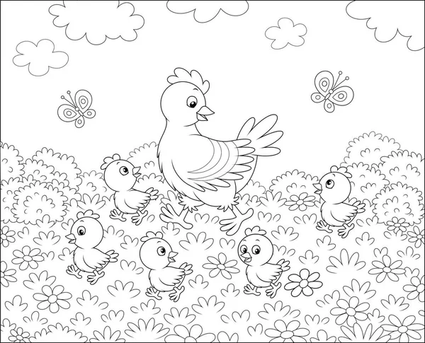 Poule Aux Petits Poussins Marchant Sur Herbe Parmi Les Fleurs — Image vectorielle