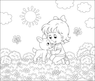 Mutlu küçük kız güneşli bir günde bir yaz alanı çim üzerinde kır çiçekleri arasında küçük bir çocuk ile oynarken, bir boyama kitabı için bir karikatür tarzı siyah ve beyaz vektör illüstrasyon