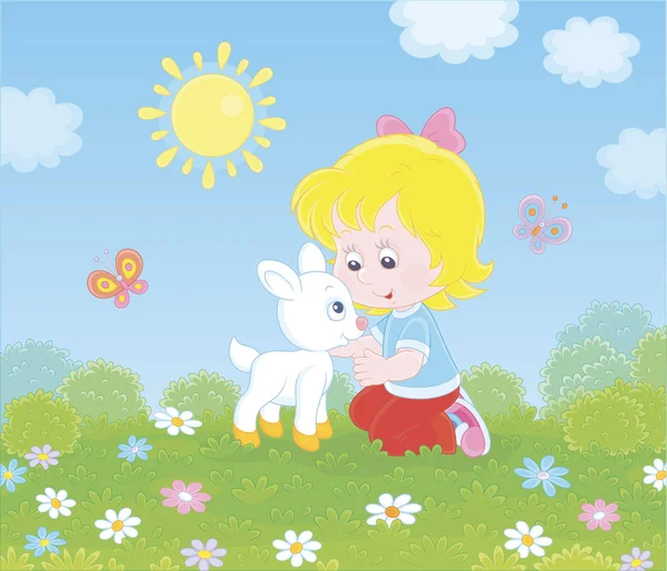 晴れた日の夏の野原の緑の草の上に野生の花の中で小さな白い子供と遊んで幸せな小さな女の子 漫画のスタイルでベクトルイラスト — ストックベクタ