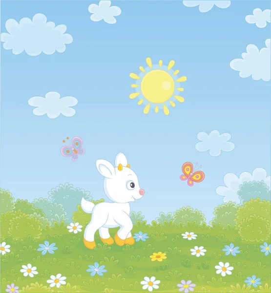 晴れた夏の日に草原の緑の草の上に花の間でカラフルな蝶を飛ばして遊ぶ小さな白い子供 漫画のスタイルでベクトルイラスト — ストックベクタ