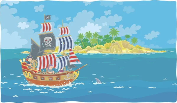 Остров Сокровищ Морской Пиратский Парусник Оружием Черным Флагом Веселого Роджера — стоковый вектор