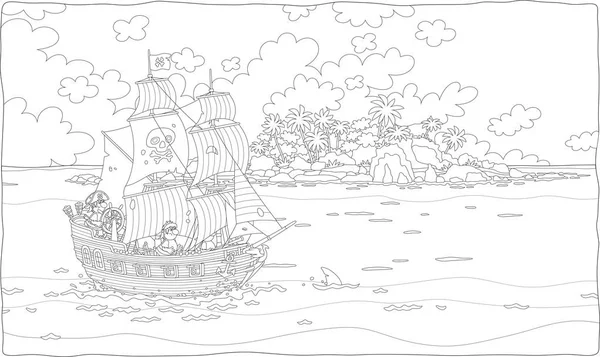 Treasure Island Sea Pirate Sailing Ship Guns Black Flag Jolly — Stock Vector