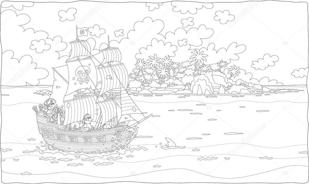 Treasure island and a sea pirate sailing ship with guns and a black flag of Jolly Roger with bones on its main mast in chase, black and white vector illustration in a cartoon style