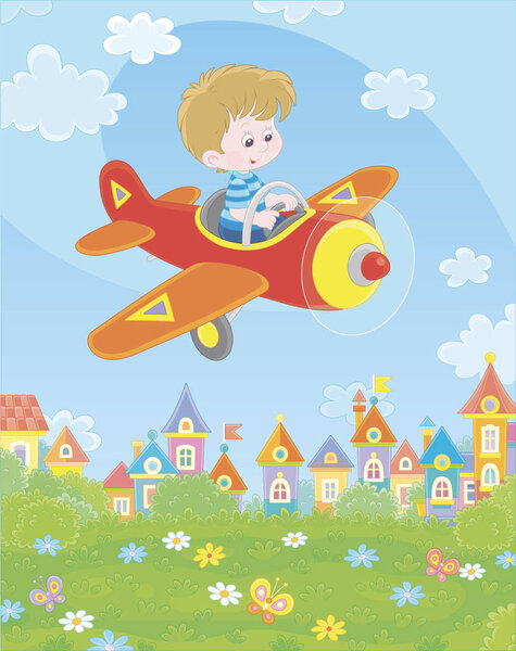 Little boy piloting his small toy plane among white clouds in blue summer sky over a green park near cute colorful houses of a small town on a sunny day, vector illustration in a cartoon style