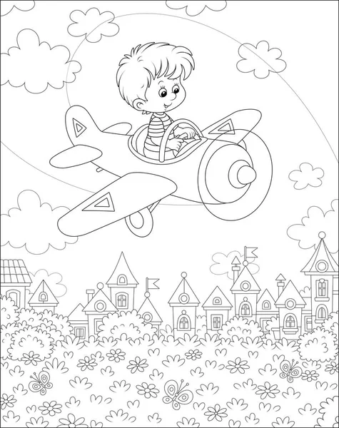 在阳光明媚的日子里 小男孩在一个小镇可爱的房子附近的公园里 驾驶着他的小玩具飞机 在云中飞行 黑白矢量插图 卡通风格 — 图库矢量图片