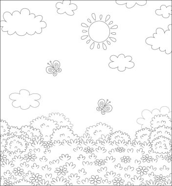 Butterflies flying over a field with wildflowers on a pretty summer day, black and white vector illustration in a cartoon style for a coloring book clipart