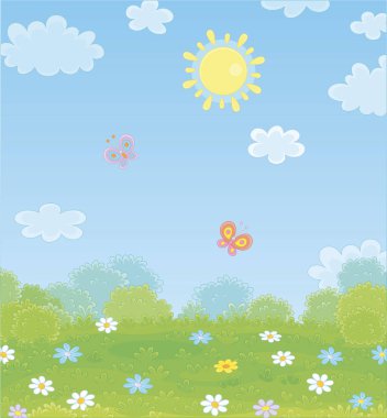 Colorful playful butterflies flying over a green field with wildflowers on a pretty summer day, vector illustration in a cartoon style clipart