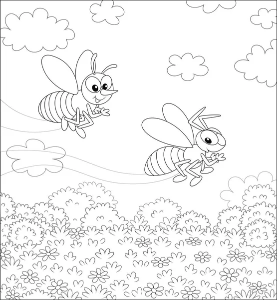 Abeja Rayas Avispa Volando Sobre Campo Con Flores Silvestres Bonito — Vector de stock