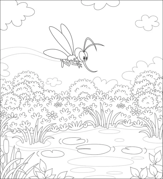 かわいい夏の日に水草原と小さな池の上を飛ぶ面白い蚊 塗り絵のための漫画スタイルの黒と白のベクトルイラスト — ストックベクタ