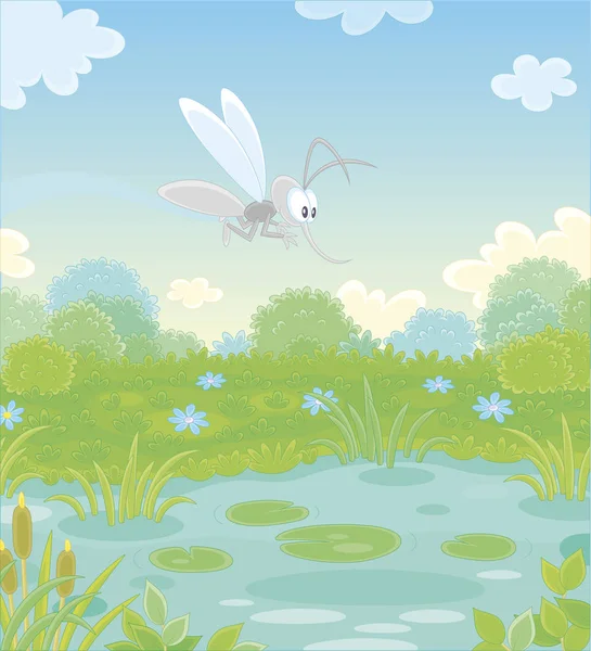 Funny Grey Mosquito Flying Green Water Meadow Small Blue Pond — Stock Vector