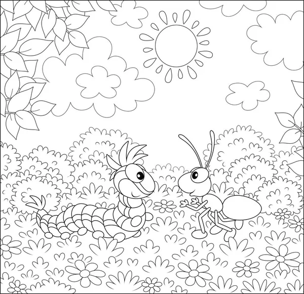 有趣的毛毛虫和一只小蚂蚁友好地在美丽的夏日森林的空地上交谈 在卡通风格的黑白矢量插图着色书 — 图库矢量图片