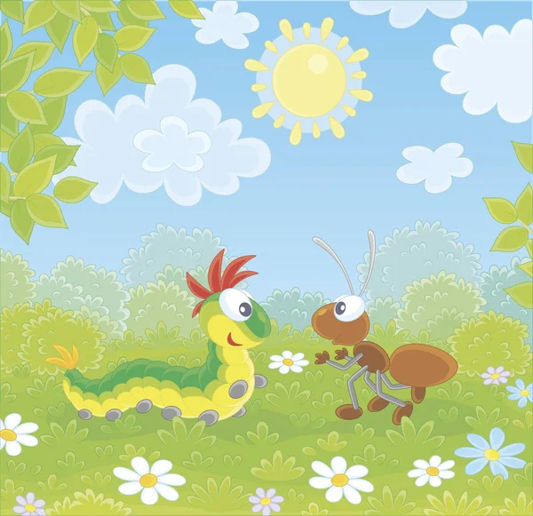 有趣的五颜六色的毛毛虫和棕色蚂蚁友好交谈在一个美丽的夏日森林的绿色角 矢量插图在卡通风格 — 图库矢量图片
