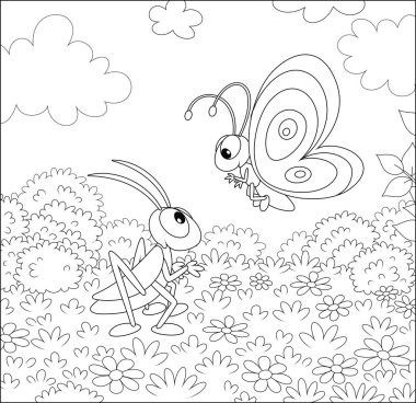 Komik kelebek ve güzel bir yaz gününde bir alanda kır çiçekleri arasında konuşan bir çekirge dostu, bir karikatür tarzısiyah ve beyaz vektör illüstrasyon