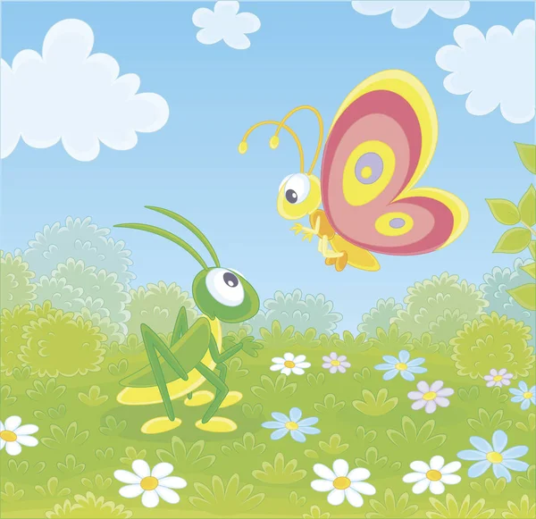 Funny Colorful Butterfly Green Grasshopper Friendly Talking Wildflowers Green Field — Stock Vector