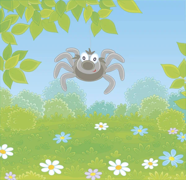 Spider Grigio Sorridente Divertente Amichevole Appeso Ramo Albero Sopra Erba — Vettoriale Stock