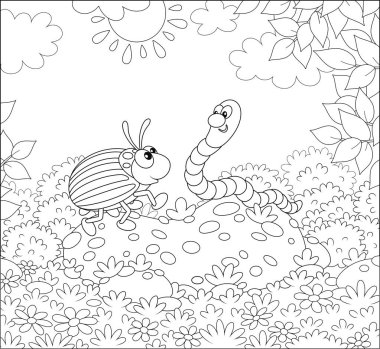 Çizgili Colorado patates böceği ve güneşli bir yaz gününde bir ormanın yeşil bir glade konuşurken komik bir solucan dostu, bir boyama kitabı için bir karikatür tarzı siyah ve beyaz vektör illüstrasyon