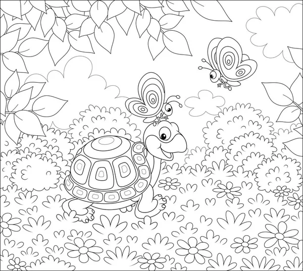 Amistosa Tortuga Sonriente Jugando Con Pequeñas Mariposas Hierba Claro Bosque — Vector de stock