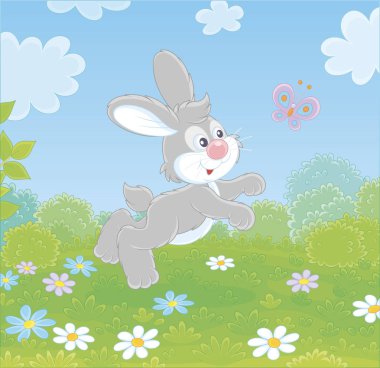 Küçük gri uzun kulaklı tavşan atlama ve harika bir yaz gününde bir orman glade yeşil çim üzerinde küçük bir renkli kelebek ile oynarken, bir karikatür tarzı vektör illüstrasyon