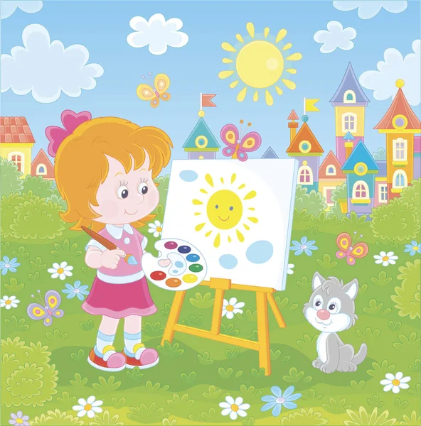 素敵な晴れた日にかなり小さな町の緑の夏の公園で彼女のイーゼルにペンキで太陽と雲を描くかわいい幸せな笑顔の小さな女の子 漫画のスタイルでベクトルイラスト — ストックベクタ