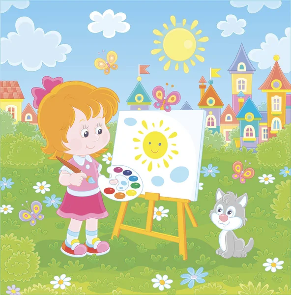 可爱快乐微笑的小女孩画太阳和云与她的画架上油漆在一个相当美丽的小镇的绿色夏季公园在一个美妙的阳光明媚的日子 矢量插图在卡通风格 — 图库矢量图片