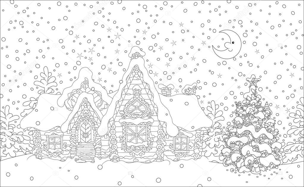 Decorated log house and a fir with toys from a fairytale covered with snow in the night before Christmas, black and white vector illustration in a cartoon style for a coloring book