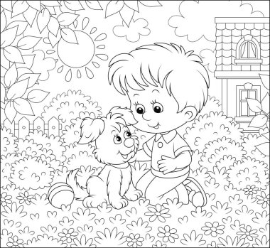 Küçük çocuk güneşli bir yaz gününde evinin önünde bir çim çiçekler arasında küçük bir yavru ile oynarken, bir boyama kitabı için bir karikatür tarzı siyah ve beyaz vektör illüstrasyon