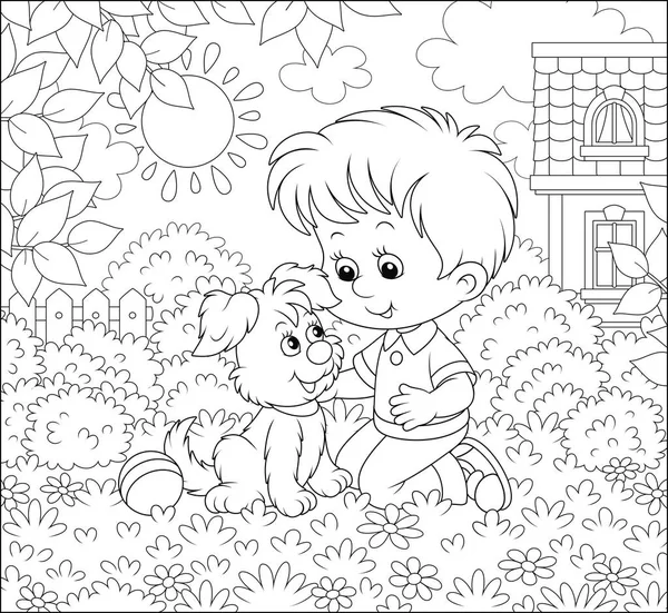 晴れた夏の日に彼の家の前の芝生の上に花の間で小さな子犬と遊ぶ小さな男の子 塗り絵のための漫画スタイルの黒と白のベクトルイラスト — ストックベクタ