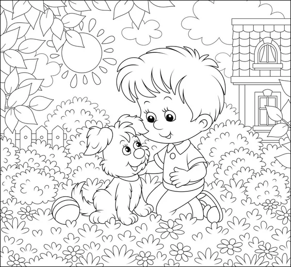 Niño Jugando Con Cachorro Pequeño Entre Flores Césped Frente Casa — Archivo Imágenes Vectoriales