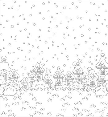 Karlı bir kış gününde küçük bir oyuncak kasabanın evleri ile Noel manzara, bir boyama kitabı için bir karikatür tarzı siyah ve beyaz vektör illüstrasyon