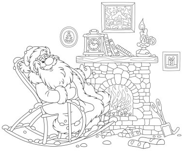 Santa Claus sitting in his creaking rocking chair and basking by an old fireplace with a mantel clock after a winter walk through a snowy forest, black and white vector illustration in a cartoon style for a coloring book clipart