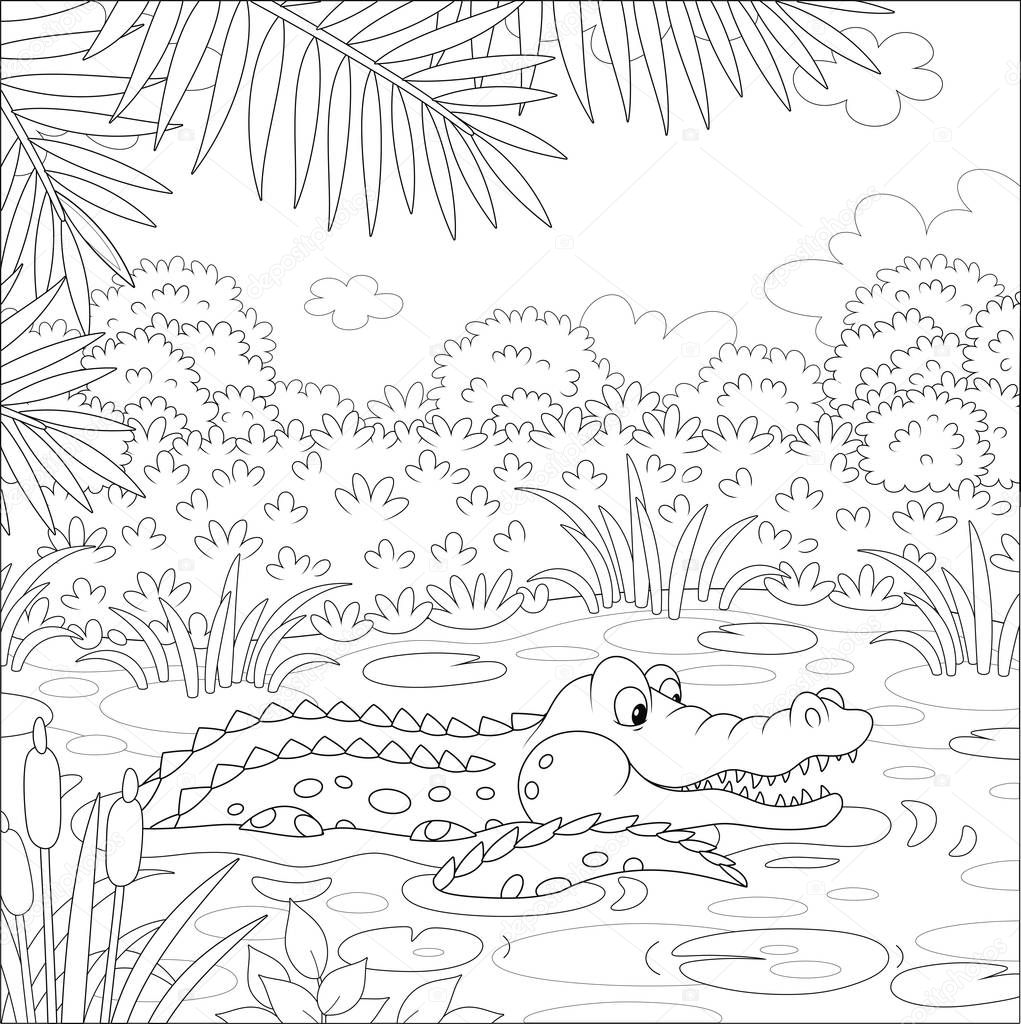 Big crocodile swimming in water of a lake under palm branches in tropical jungle, black and white vector illustration in a cartoon style for a coloring book