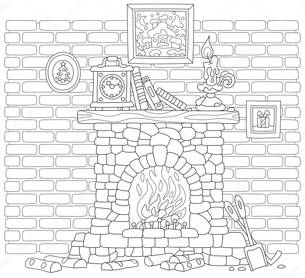 Old stone fireplace with burning firewoods and a mantel clock, books and a burning candle on a wood chimneypiece against a background of a brick wall, black and white vector illustration in a cartoon style for a coloring book page