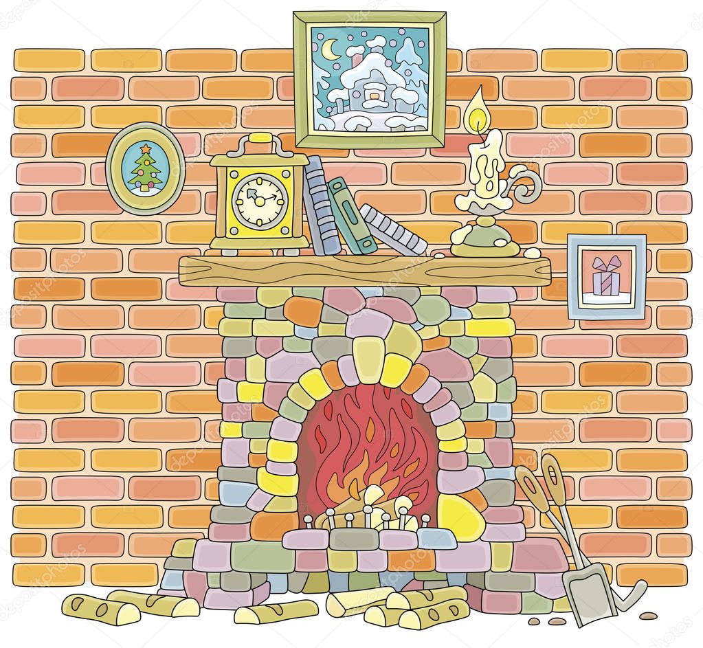 Old stone fireplace with burning firewoods and a mantel clock, books and a burning candle on a wood chimneypiece against a background of a brick wall, vector illustration in a cartoon style