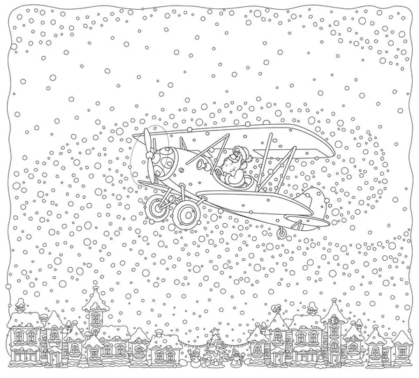 Christmas Background Santa Claus Flying His Old Wood Airplane Snowfall — Stock Vector