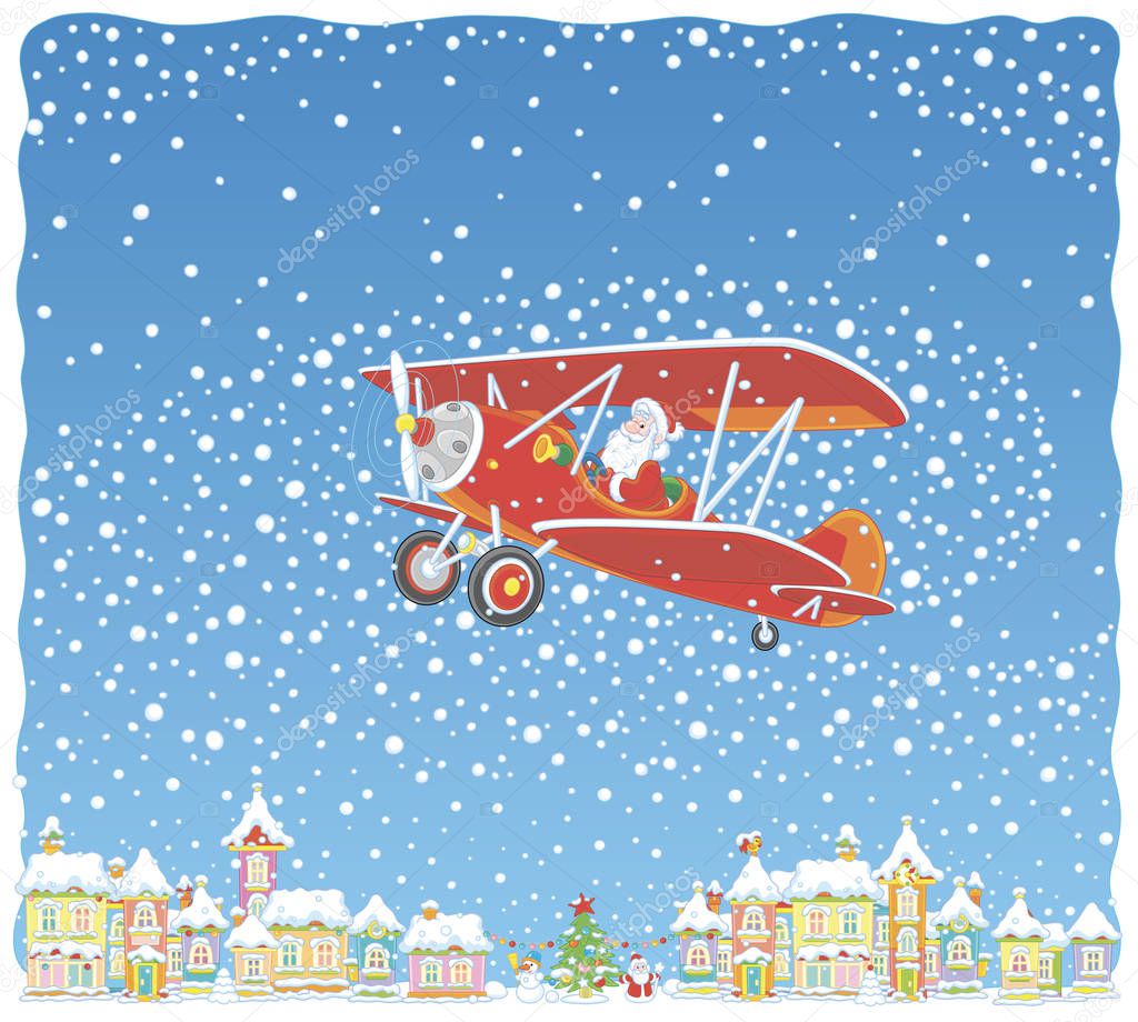 Christmas background with Santa Claus flying his old wood airplane through snowfall over a small town, vector illustration in a cartoon style