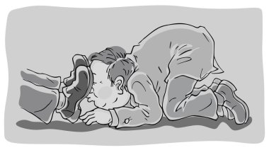 Toady creeping and licking boots of his boss, vector illustration in a cartoon style clipart