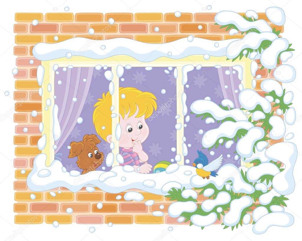 Smiling curious boy with his cheerful small pup looking through a window and watching a funny bird perched on a snow-covered branch of a fir against their house on a frosty winter day, vector illustration in a cartoon style