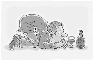 Drunken man kneeling in front of a glass and a bottle of wine, black and white outline vector illustration clipart