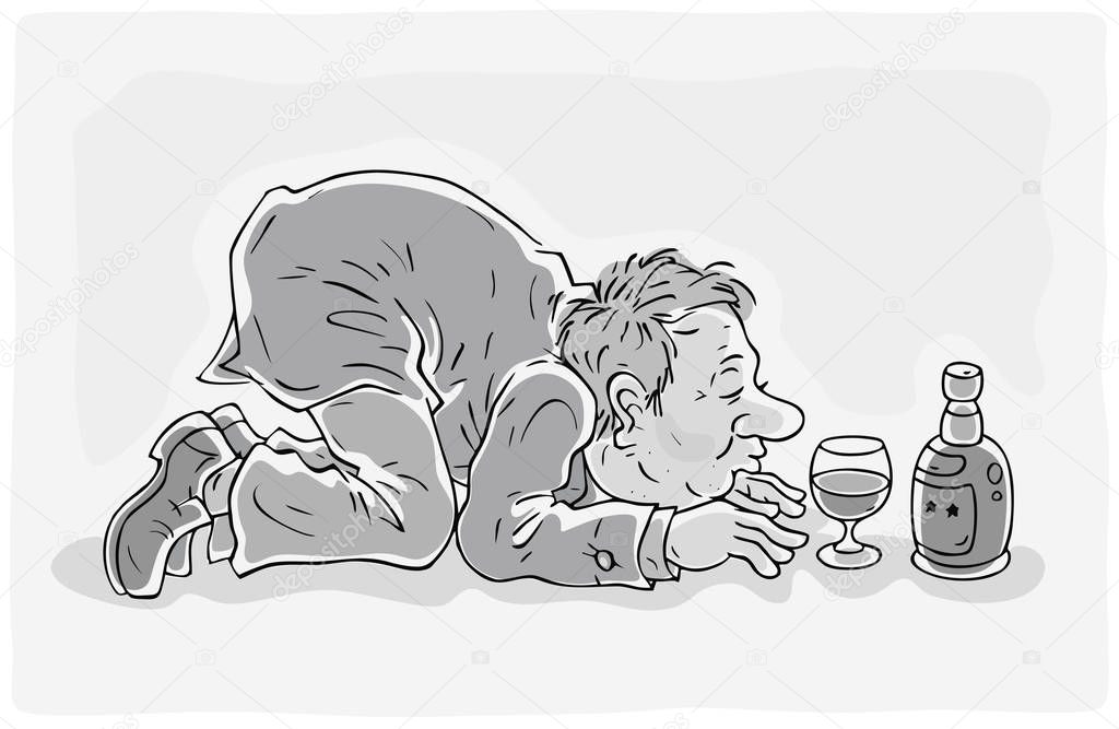 Drunken man kneeling in front of a glass and a bottle of wine, black and white outline vector illustration
