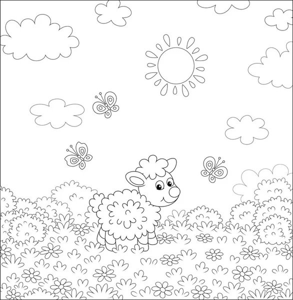 晴れた夏の日に草原の花の間でかわいい小さな子羊とちらつき蝶 塗り絵のための漫画スタイルの黒と白のベクトルイラスト — ストックベクタ