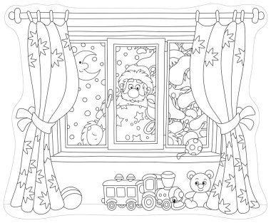 Santa Claus holding his gift bag and looking through a window with curtains into a nursery on the snowy night before Christmas, black and white vector illustration clipart