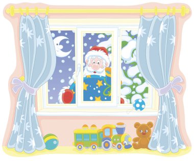 Noel Baba onun hediye çantası tutarak ve Noel öncesi karlı gece bir kreş içine perdeleri ile bir pencereden bakarak, bir karikatür tarzı vektör illüstrasyon