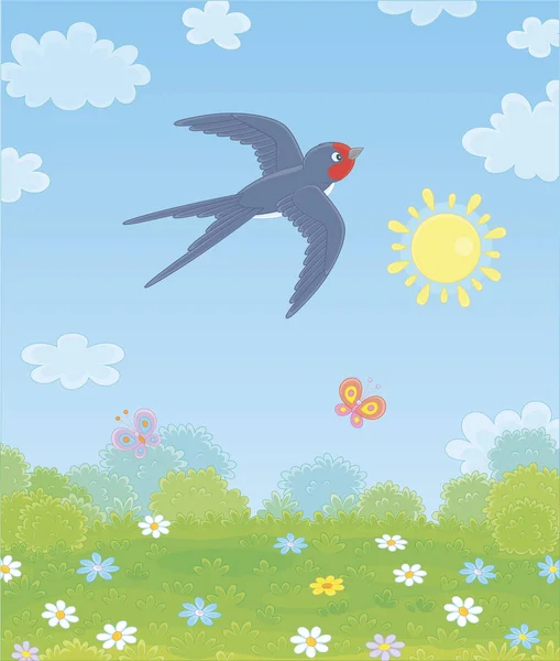 Swift-flying small swallow in blue summer sky over a green field with butterflies flittering among flowers on a sunny day, vector illustration in a cartoon style