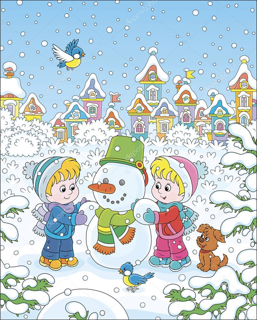 Smiling little kids making a funny snowman with a bucket and a scarf on a snow-covered playground of a winter park of a small town, vector illustration in a cartoon style