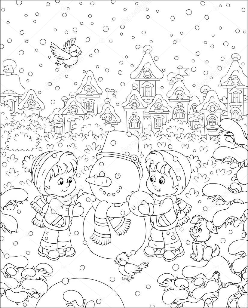Smiling little kids making a funny snowman with a bucket and a scarf on a snow-covered playground of a winter park of a small town, black and white vector illustration in a cartoon style