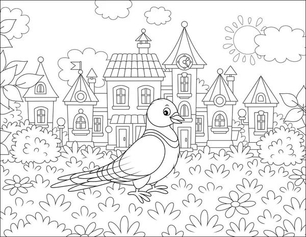 鸽子走在阳光明媚的温暖天夏季城镇公园的草地上 黑白矢量插图的卡通风格着色书 — 图库矢量图片