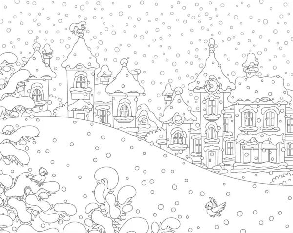 雪の冬の日に公園や小さなおもちゃの町の家で雪の丘とクリスマスの風景 着色本のための漫画のスタイルで黒と白のベクトルイラスト — ストックベクタ