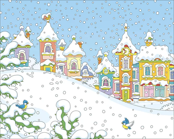 Fondo Navidad Con Una Colina Nieve Parque Casas Coloridas Una — Archivo Imágenes Vectoriales