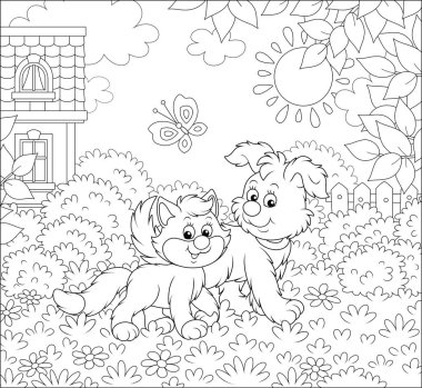 Güneşli bir yaz gününde çimenlikte bir kedi yavrusuyla yürüyen komik bir köpek yavrusu, bir boyama kitabı için siyah-beyaz vektör çizimi.